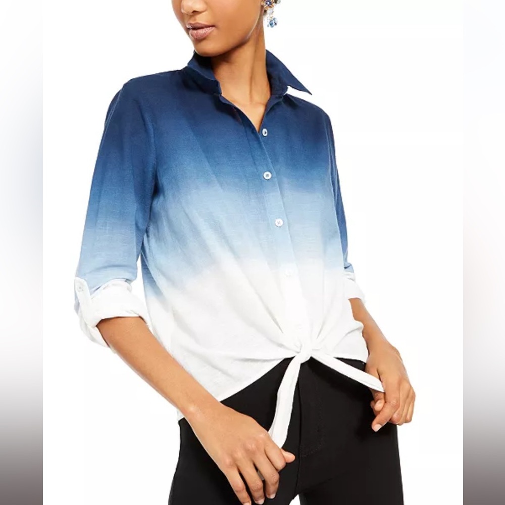 INC Petite Cotton Ombré Tie-Hem Shirt Coral